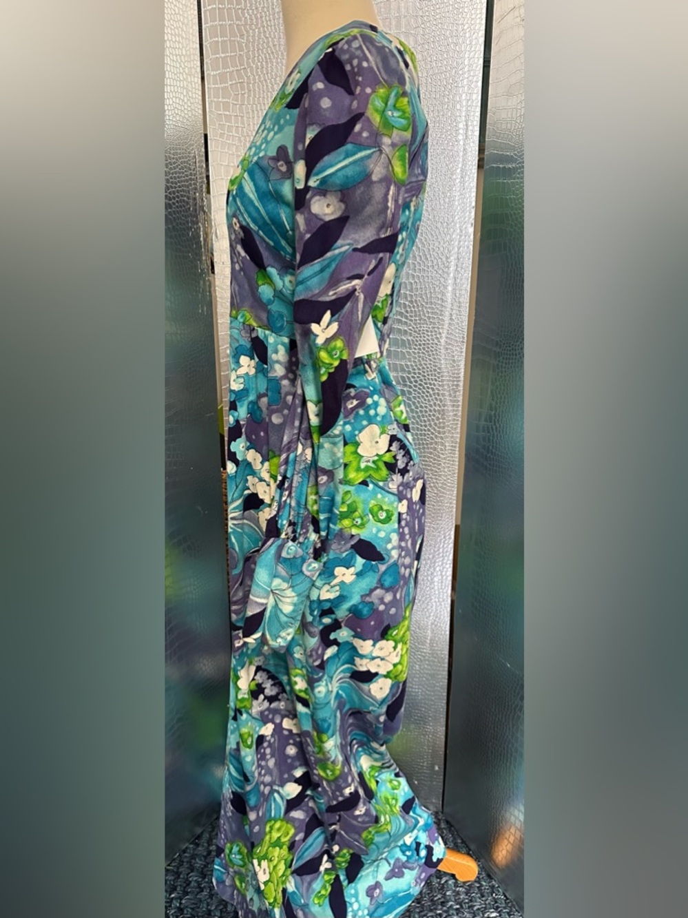 Vintage Long Sleeve Floral Maxi Dress in Teal, Purple & Lime - Picture 3 of 10